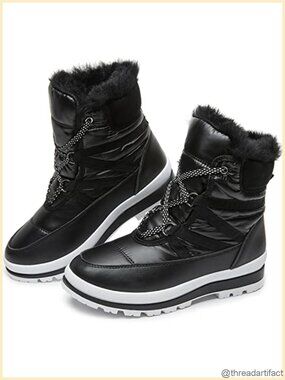 Faux Leather Fur Lined Mid-Calf Winter Boots Waterproof Non-Slip Lace-Up